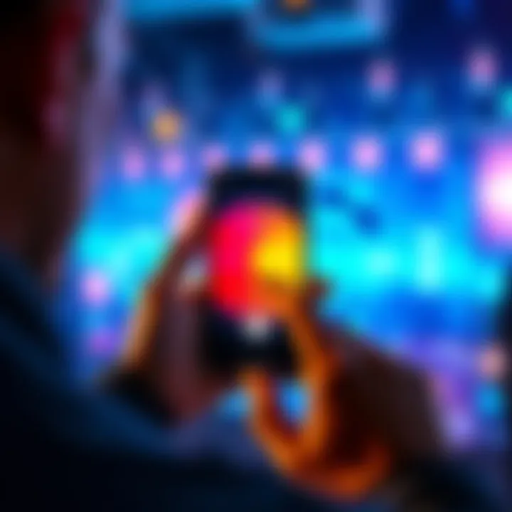 A person using Apple’s Siri on a phone to make a voice command, with a bright background showing technology and innovation themes.