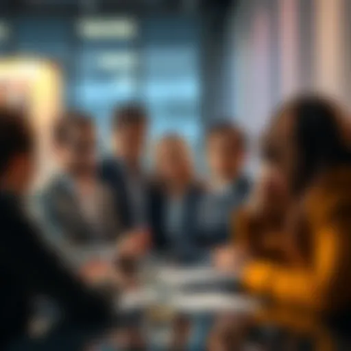 A group of applicants discussing legal strategies, weighing options between broad interpretation and amendments for patent claims.