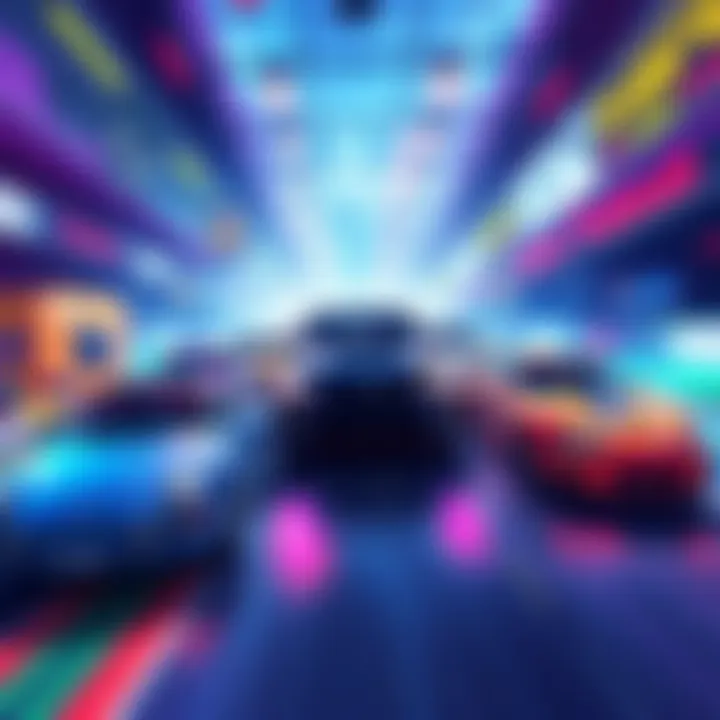 A vibrant illustration showcasing various cars racing in an arcade-style rally environment with dynamic backgrounds and bright colors.