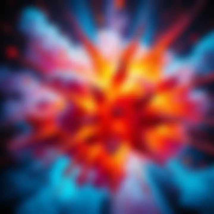 A vibrant explosion with hand-drawn effects inspired by the Arcane style, showcasing bright colors and dynamic movement