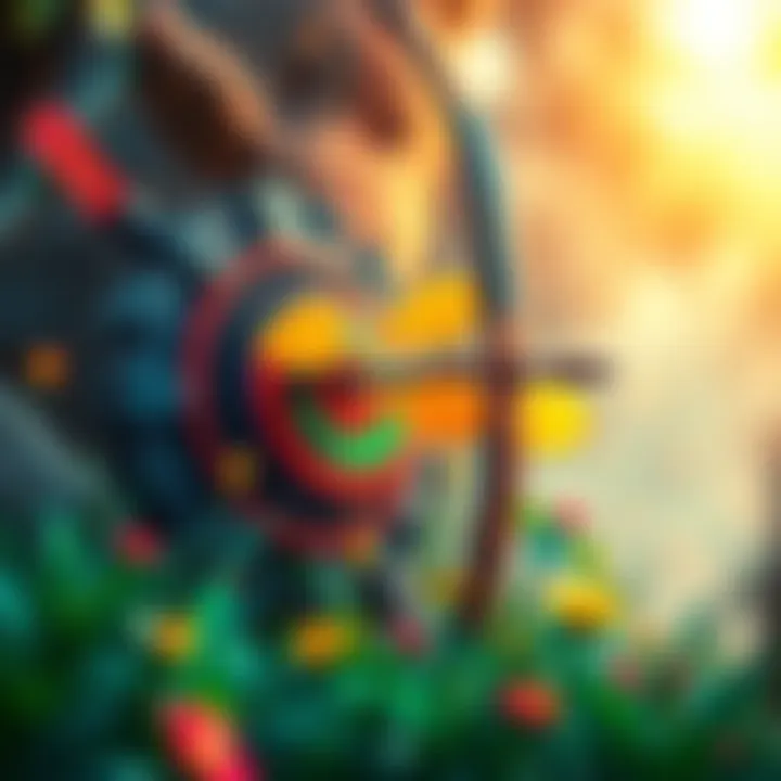 A colorful concept art showcasing an archery game scene with a target, bow, and arrows in a fantasy setting.