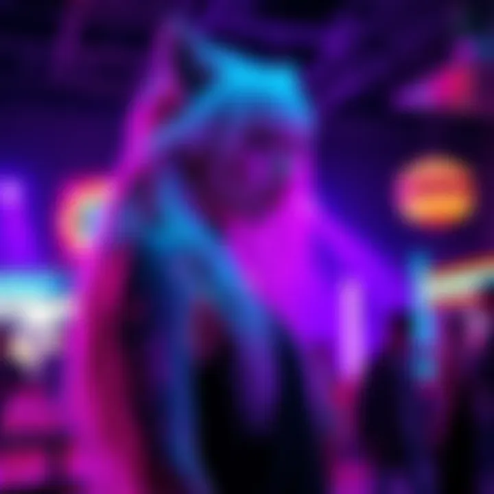 An Arctic Wolf girl with white hair and gothic tattoos stands in a vibrant nightclub illuminated by purple lights, creating a striking scene.