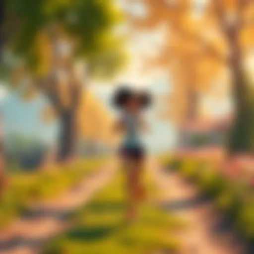 Aria jogging along a scenic path from Vaklyrie Farms to Replikatown, showcasing her enthusiasm and the vibrant surroundings.