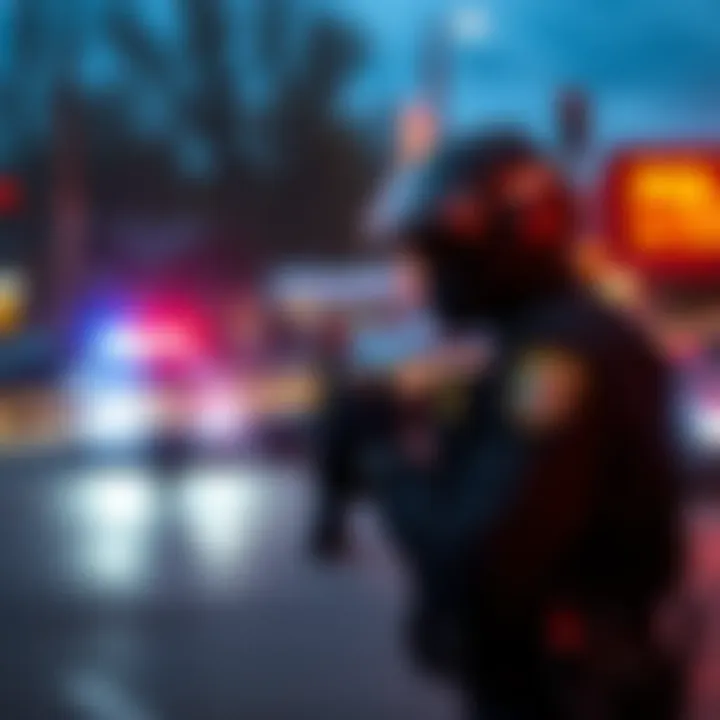 A police officer investigates a crime scene involving an armed crad incident, with community members observing from a distance.