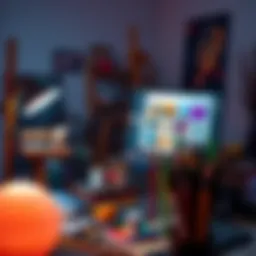 A digital artist works on a canvas with a computer displaying reverse image search results, surrounded by various art supplies.