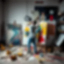 An artist tearing apart a canvas in a studio, surrounded by scattered paint and tools, illustrating the theme of destruction in art.