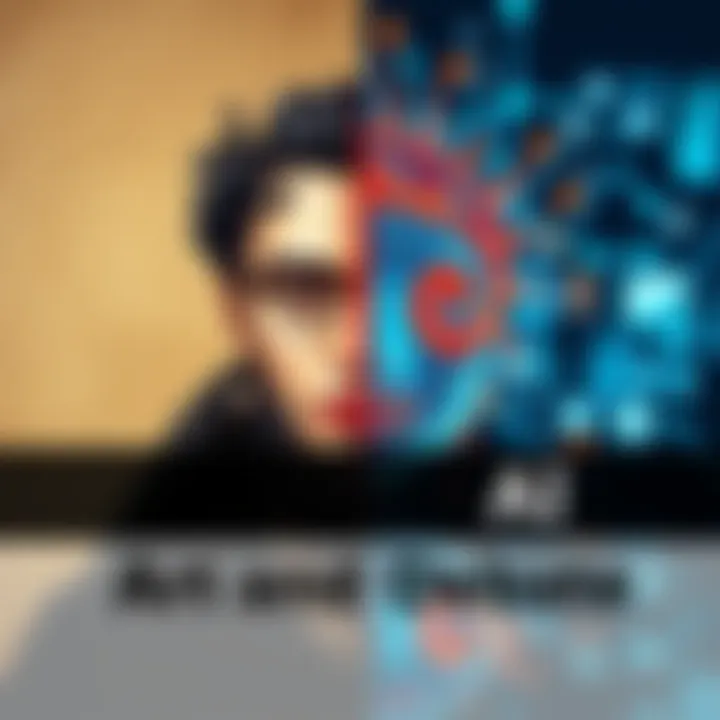 A split image showing traditional artwork on one side and an AI interface on the other, symbolizing the clash between artists and technology.