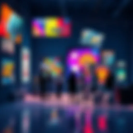 A group of people discussing art and technology in a dynamic setting, with colorful artworks and digital screens around them.