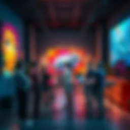 Art and AI Discussion A vibrant art studio with people debating the role of AI in creativity, surrounded by colorful artwork and digital screens.