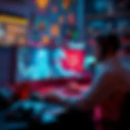 A person at a computer creating digital art with AI tools, surrounded by gaming elements like a game controller and cheat codes, symbolizing the blend of art and technology.