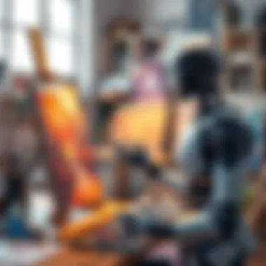 A painter and a robot discussing creativity in a studio filled with art supplies and canvases