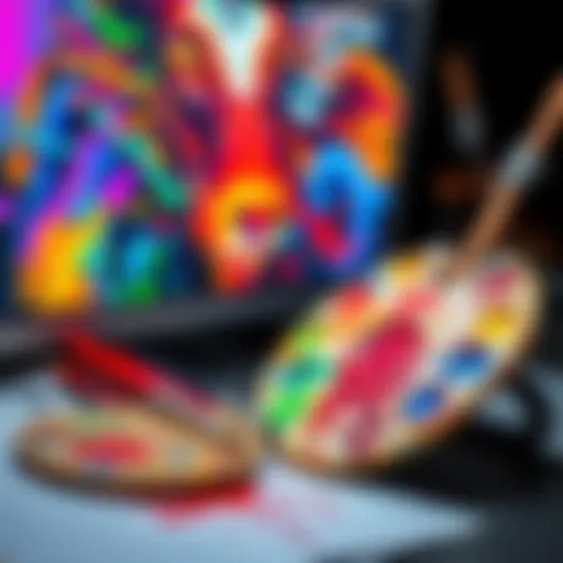 An artist's palette and paintbrush beside a digital screen displaying colorful artwork, symbolizing the relationship between online art and copyright laws.