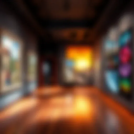 A modern art gallery with contrasting artwork; traditional pieces on one side and AI-generated works on the other, showcasing the divide in artistic expression.