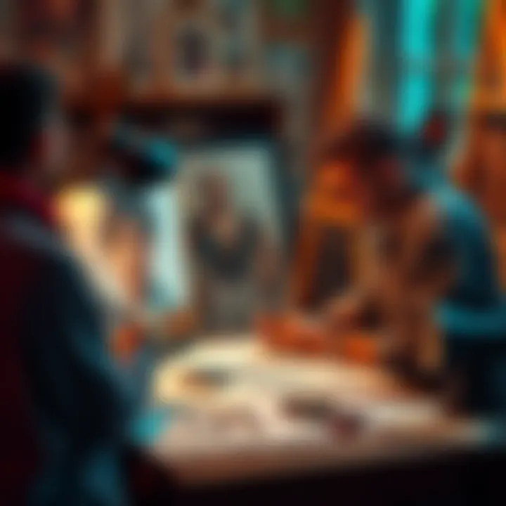 Artist working on a headshot and a full-body drawing on a table