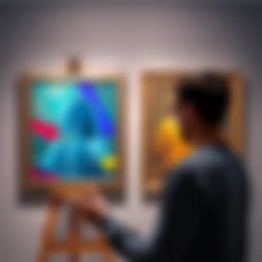 A person examining two paintings, one labeled AI and the other labeled Human, discussing their differences.