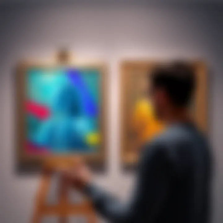 A person examining two paintings, one labeled AI and the other labeled Human, discussing their differences.