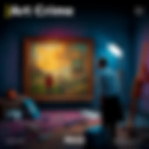 A detective examines a stolen painting in a dimly lit room with art tools scattered around.