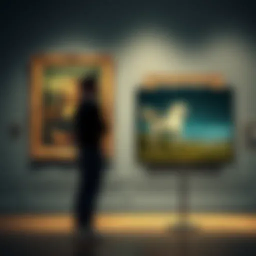 A person standing in front of a classic painting while looking at a digital screen showing AI-generated artwork, illustrating the contrast between traditional and modern art.
