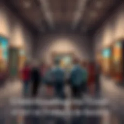 A group of people looking at various art pieces in a gallery, engaging in conversation about their significance