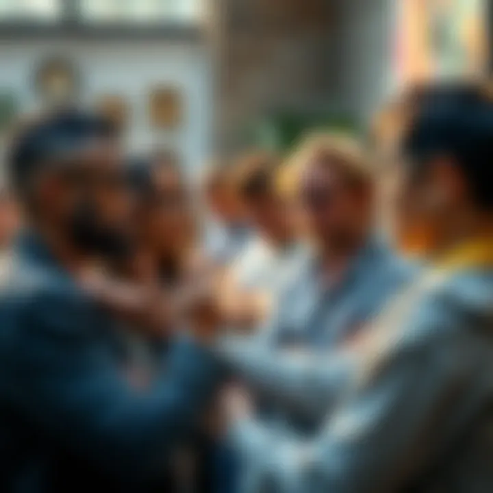 People discussing art on a forum A group of artists sharing tips and advice in an online art forum, with some looking frustrated.