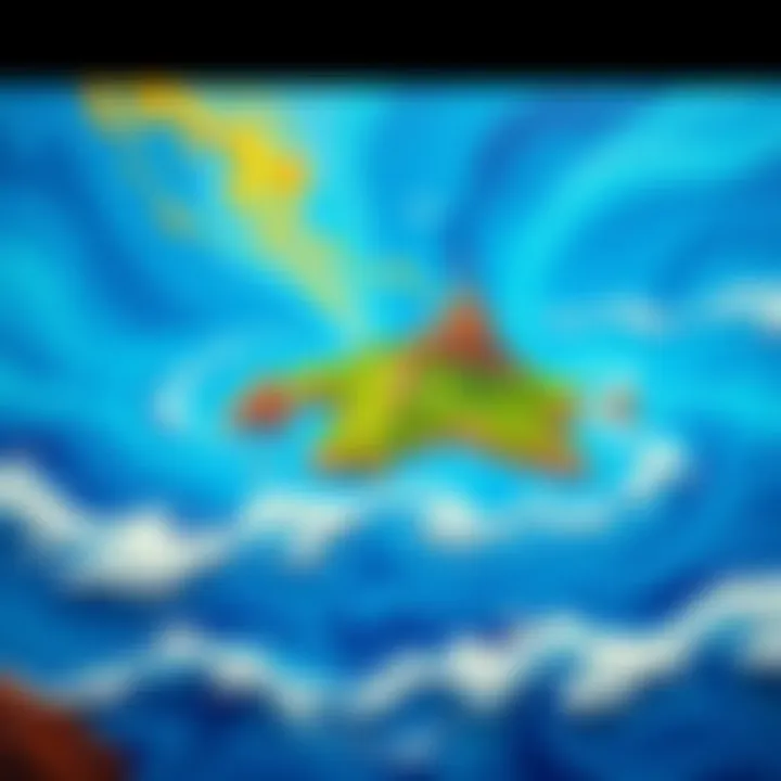 A colorful painting showcasing islands surrounded by blue ocean waves