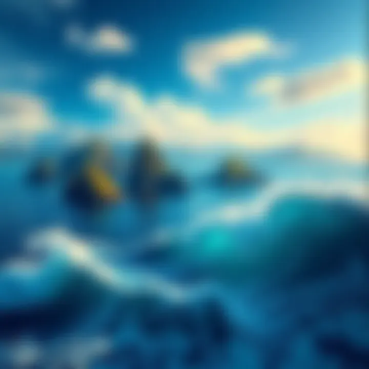 Colorful artwork depicting islands and ocean waves, showcasing nature's beauty through creativity.
