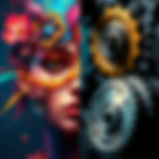 A split image showing vibrant artwork on one side and intricate mechanical gears on the other, representing the balance between aesthetics and functionality.