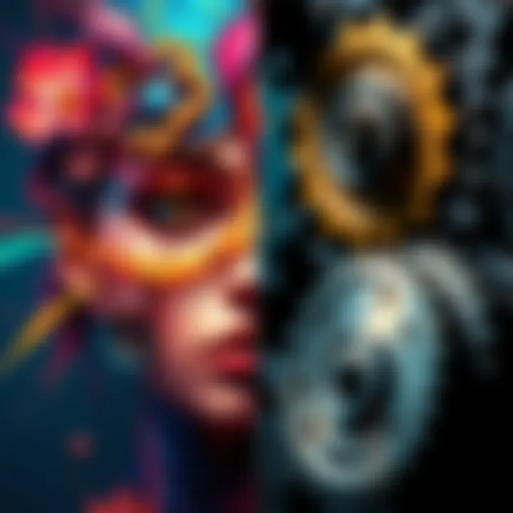 A split image showing vibrant artwork on one side and intricate mechanical gears on the other, representing the balance between aesthetics and functionality.