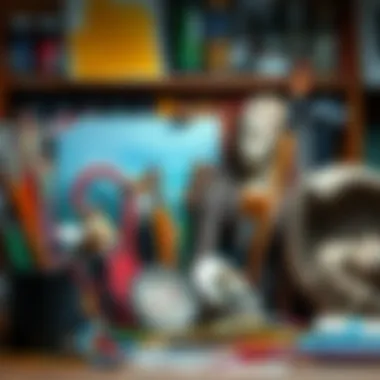 A collection of various art supplies including paintbrushes, canvas, and sculpting tools representing different artistic mediums