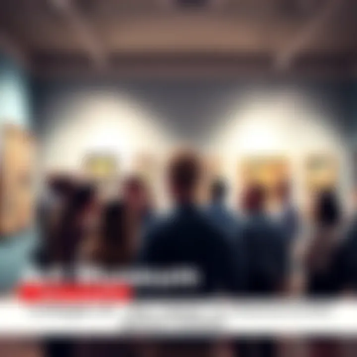 A group of people discussing a controversial art exhibit in a museum, with some looking upset and others engaged in conversation.