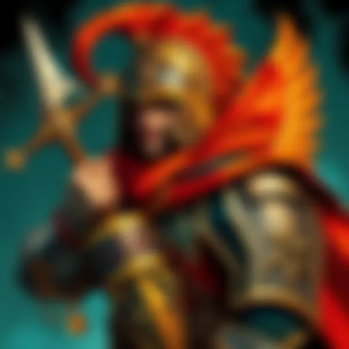 Detailed illustration of a medieval warrior in Art Nouveau style, showcasing ornate weapon and vibrant colors.