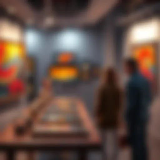 A group of people displaying their artwork on a table, engaging in discussion about whether the pieces are AI-generated or not.