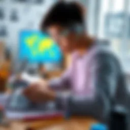 An art student interacts with AI software on a laptop, surrounded by sketches and digital art supplies