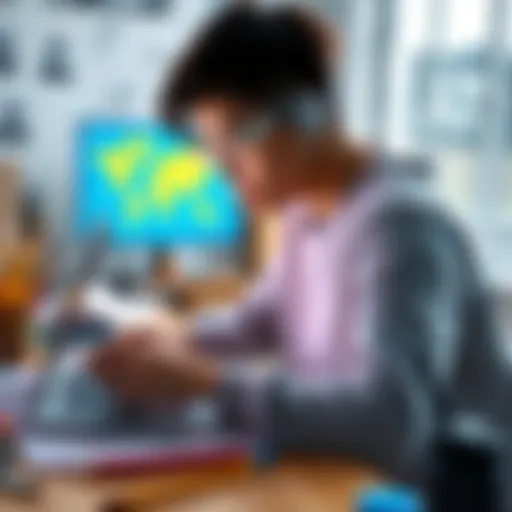 An art student interacts with AI software on a laptop, surrounded by sketches and digital art supplies