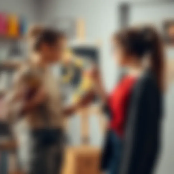 Two art students engaged in a heated debate about the impact of AI on creativity, one holding traditional art supplies while the other uses a digital tablet.