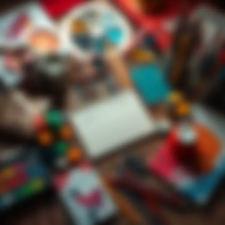 A table filled with various art supplies including paint, brushes, and sketchbooks, with a notepad for writing creative prompts.
