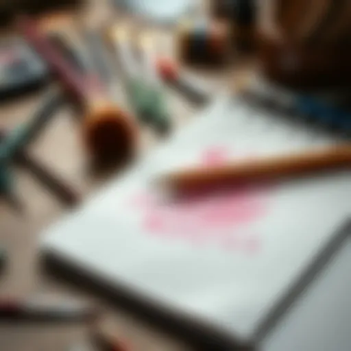 A close-up view of a pencil, sketchbook, and paintbrushes scattered on a wooden table, representing the tools of budding artists.