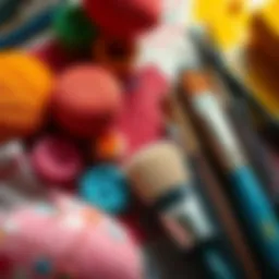 A variety of art supplies including brushes, sponges, and tools for creating texture in artwork