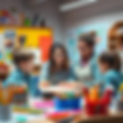 An art teacher helping students with their projects in a colorful classroom filled with art supplies