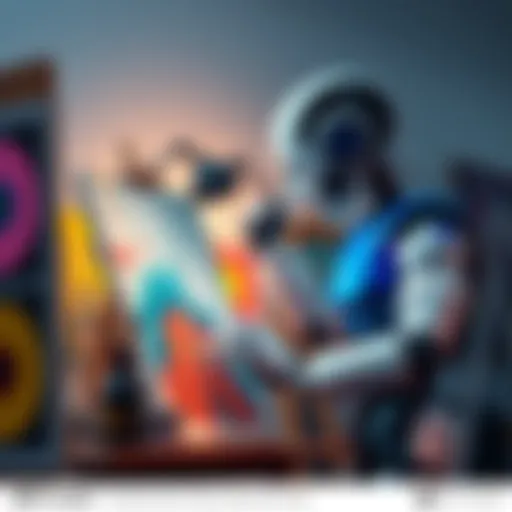 An artist and a robot working on a canvas together, highlighting the clash between traditional art and AI-generated creations.