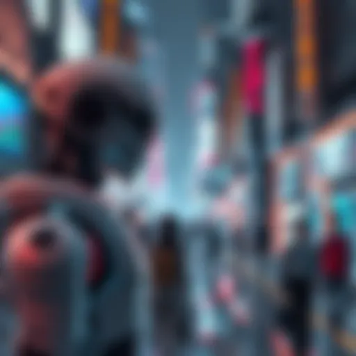 A futuristic cityscape with AI technology, featuring robots assisting people in daily tasks and digital screens displaying data.