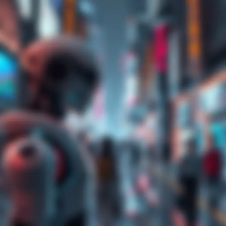 A futuristic cityscape with AI technology, featuring robots assisting people in daily tasks and digital screens displaying data.