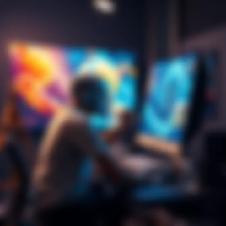 An artist painting while a computer displays AI-generated art, showcasing the blend of technology and creativity