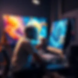 Artist creating AI art An artist painting while a computer displays AI-generated art, showcasing the blend of technology and creativity