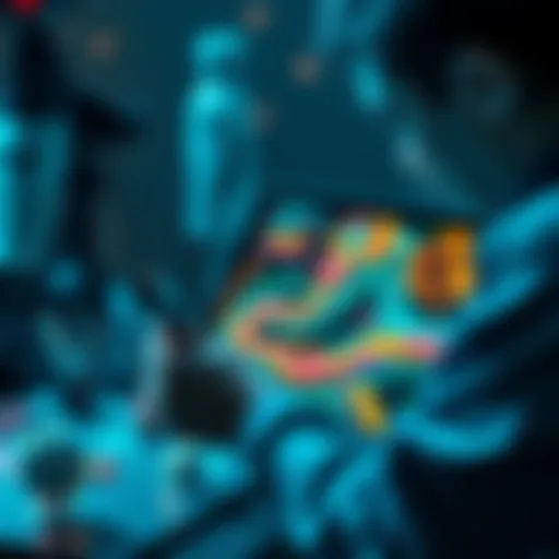 An artist is working on a digital tablet, with colorful AI-generated artwork displayed on the screen, showcasing a blend of technology and creativity.