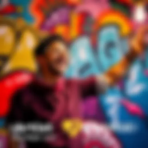 An enthusiastic artist in front of a colorful mural, capturing the spirit of new beginnings and artistic growth.