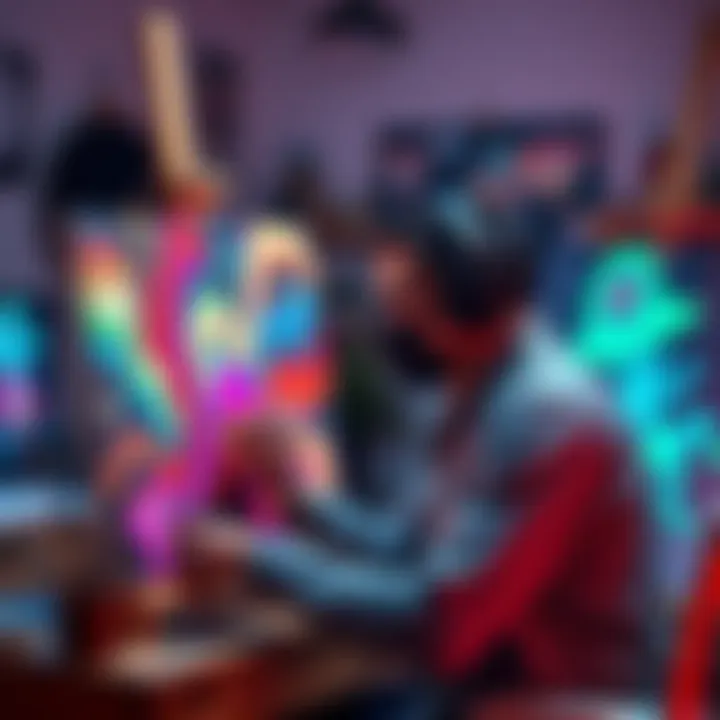 An artist works on a digital canvas, showcasing vibrant AI-generated artwork in a creative studio.