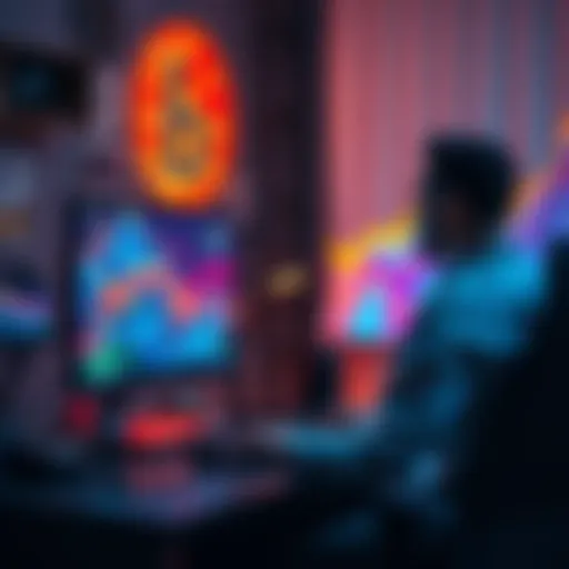 A person sitting at a desk, focused on a computer screen displaying colorful digital artwork, illustrating the blend of art and technology