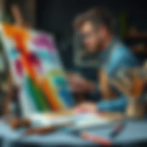 An artist paints a colorful artwork on a canvas, illustrating creativity in a sustainable way, with brushes and natural materials around them.