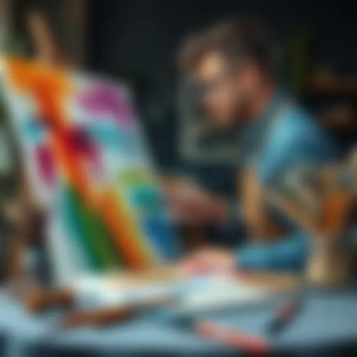 An artist paints a colorful artwork on a canvas, illustrating creativity in a sustainable way, with brushes and natural materials around them.